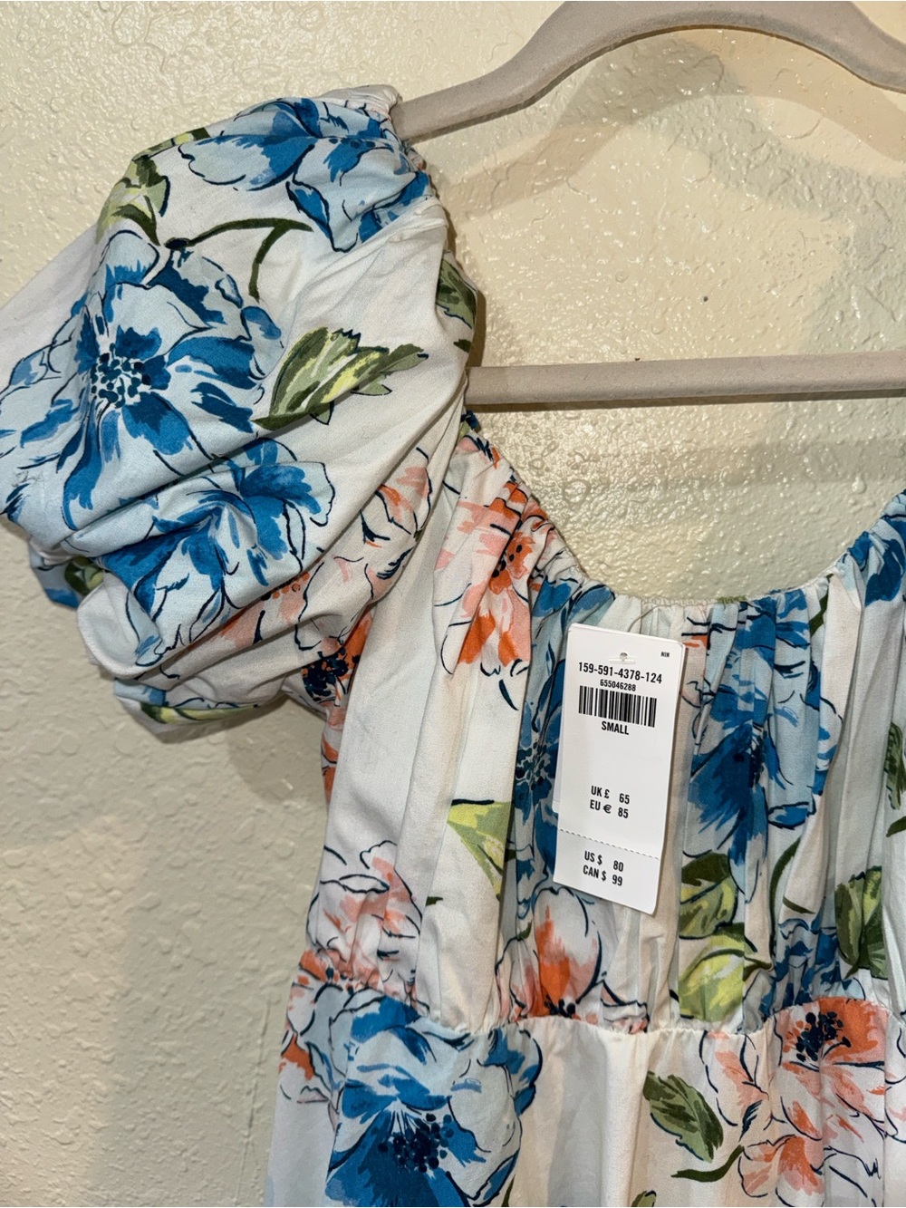 Abercrombie & Fitch White Floral Puff-Sleeve Dress with Blue & Peach Blooms - Picture 8 of 10